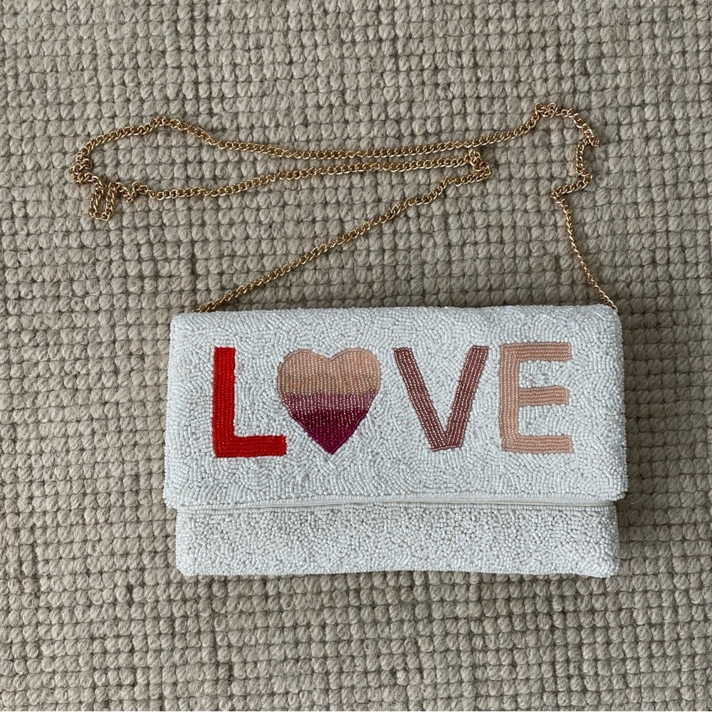 Beaded Love Clutch with Gold Chain Strap